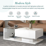 [VIDEO provided] ON-TREND Modern Coffee Table with Tempered Glass, Wooden Cocktail Table with High-gloss UV Surface, Modernist 2-Tier Rectangle Center Table for Living Room, White