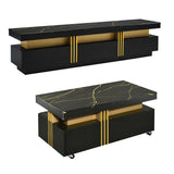 ON-TREND Modern Luxury TV Stand and Coffee Table Set of 2, High Gloss Faux Marble Top, TV Stand for TVs Up to 78'', Rectangle Coffee Table with Caster Wheels for Living Room, Black