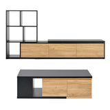 [VIDEO provided] ON-TREND Extendable TV Stand and Coffee Table, Set of 2, Media Console with 3 Tier Bookshelves for TVs up to 110'', Dual-tone Center Table with Sliding Tabletop for Living Room, Black