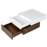 [VIDEO provided] ON-TREND Square 360°Rotating Coffee Table with 2 Drawers, High Gloss 2-Tier Center Table with Swivel Tabletop and Storage, Walnut Table Frame Side Table for Living Room, White