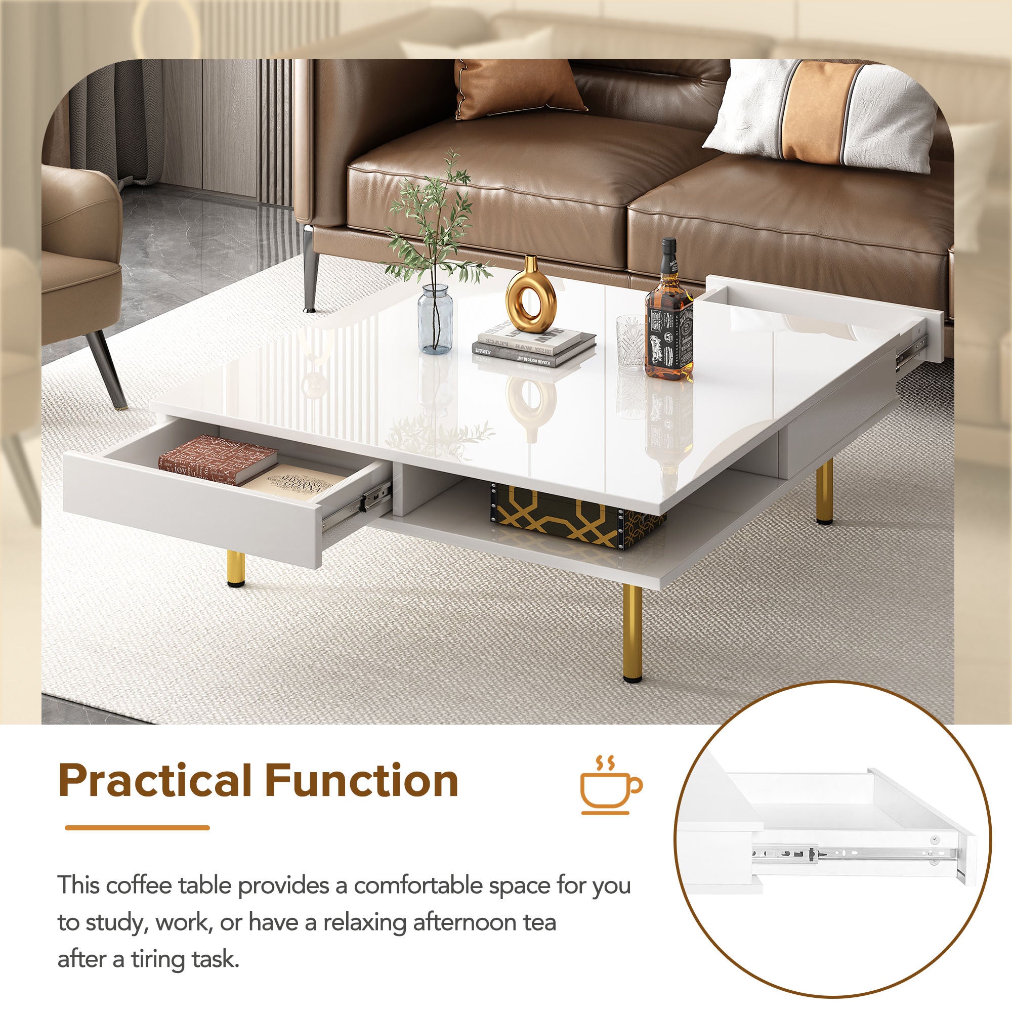 ON-TREND Exquisite High Gloss Coffee Table with 4 Golden Legs and 2 Small Drawers, 2-Tier Square Center Table for Living Room, White