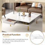 ON-TREND Exquisite High Gloss Coffee Table with 4 Golden Legs and 2 Small Drawers, 2-Tier Square Center Table for Living Room, White