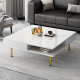 ON-TREND Exquisite High Gloss Coffee Table with 4 Golden Legs and 2 Small Drawers, 2-Tier Square Center Table for Living Room, White