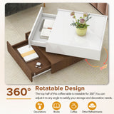 [VIDEO provided] ON-TREND Square 360°Rotating Coffee Table with 2 Drawers, High Gloss 2-Tier Center Table with Swivel Tabletop and Storage, Walnut Table Frame Side Table for Living Room, White