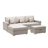 Nolan Beige Linen Fabric 4Pc Reversible Sofa Chaise with Interchangeable Legs, Storage Ottoman, and Pillows