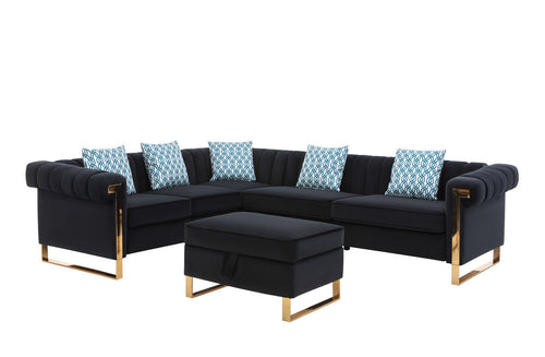 Maddie Black Velvet 6-Seater Sectional Sofa with Storage Ottoman
