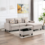 Nolan Beige Linen Fabric 4Pc Reversible Sofa Chaise with Interchangeable Legs, Storage Ottoman, and Pillows