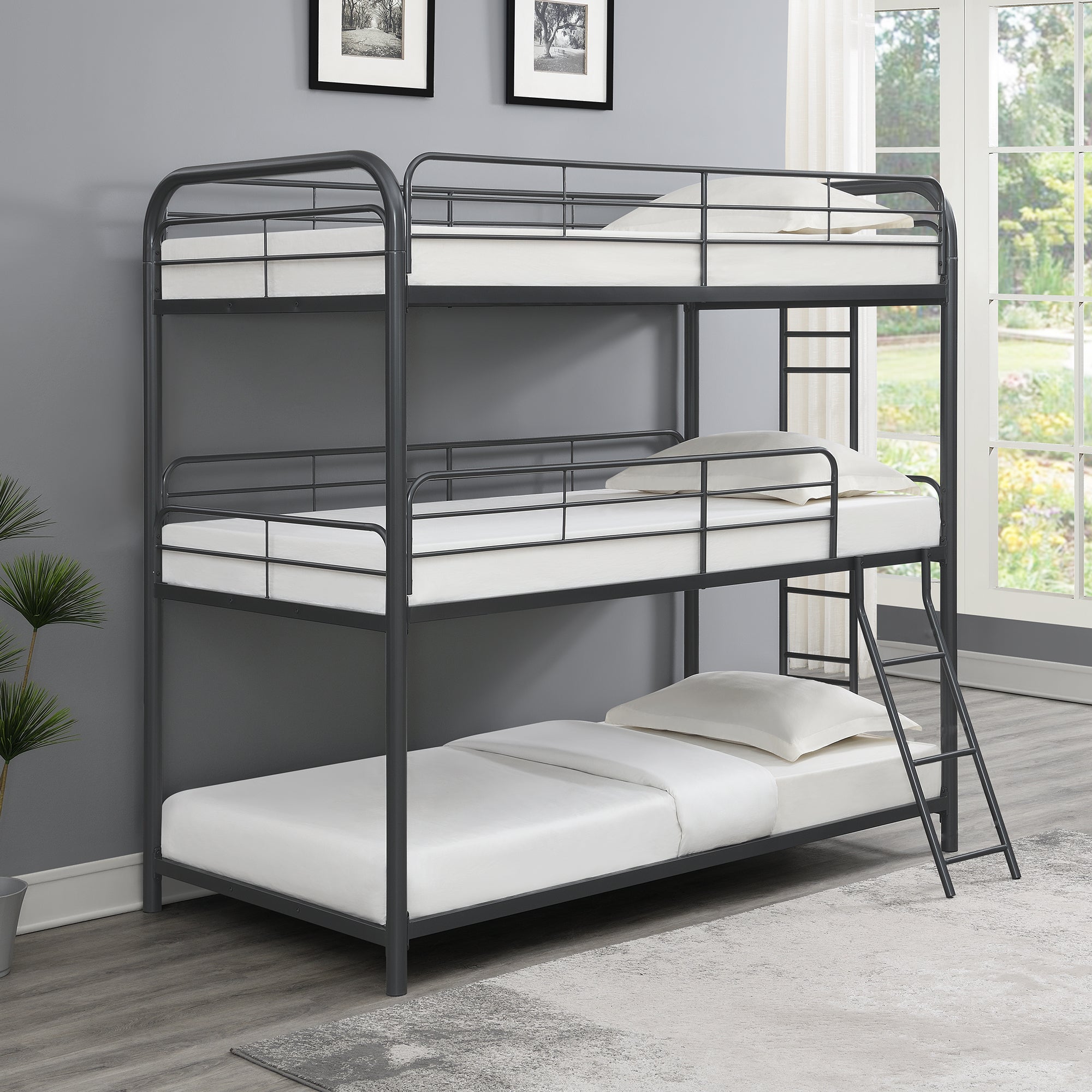 Modern Furniture Triple Bunk Bed, Twin/Twin/Twin, Black Metal Structure