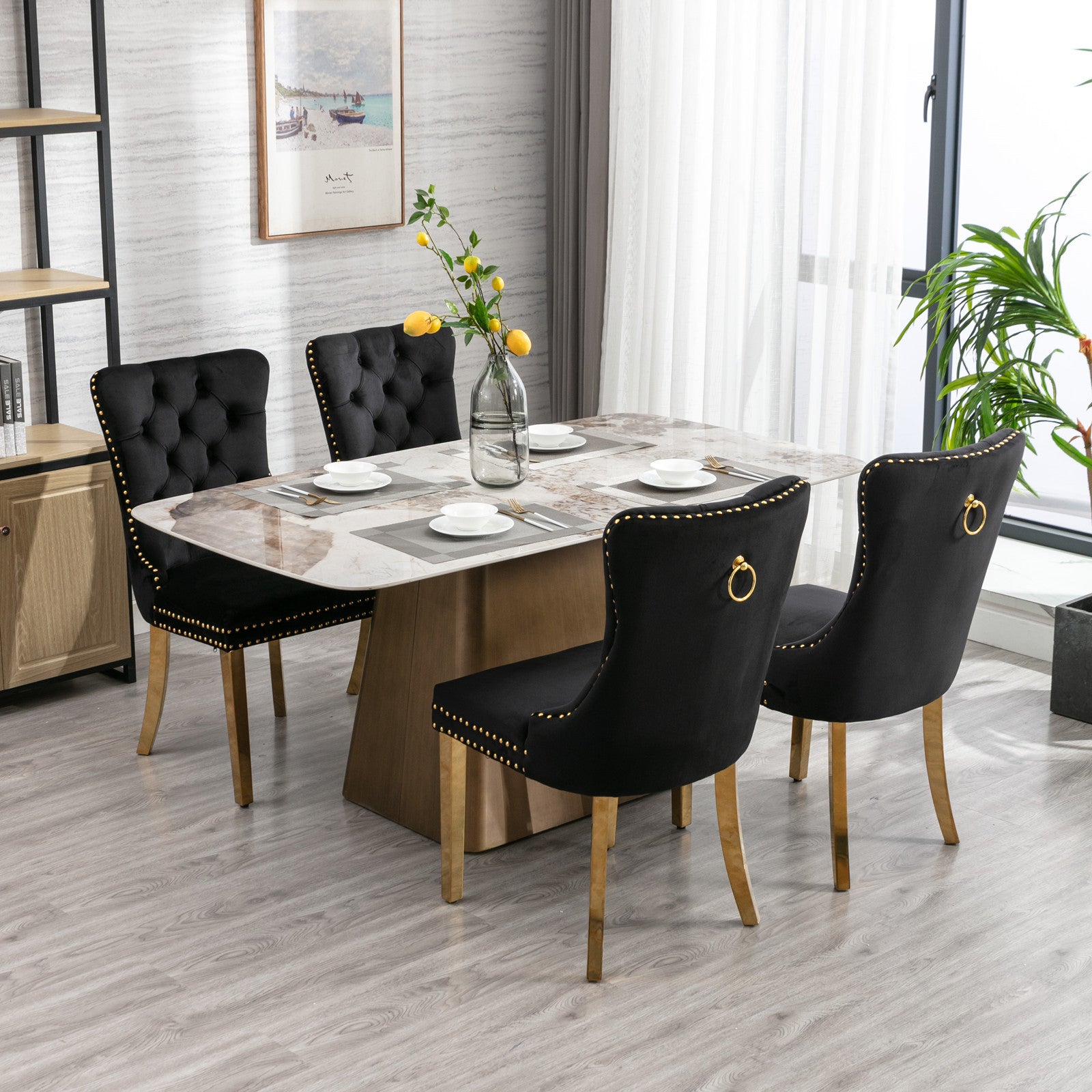 A&A Furniture,Nikki Collection Modern, High-end Tufted Solid Wood Contemporary Velvet Upholstered Dining Chair with Golden Stainless Steel Plating Legs,Nailhead Trim,Set of 2���Black and Gold, SW1601BK