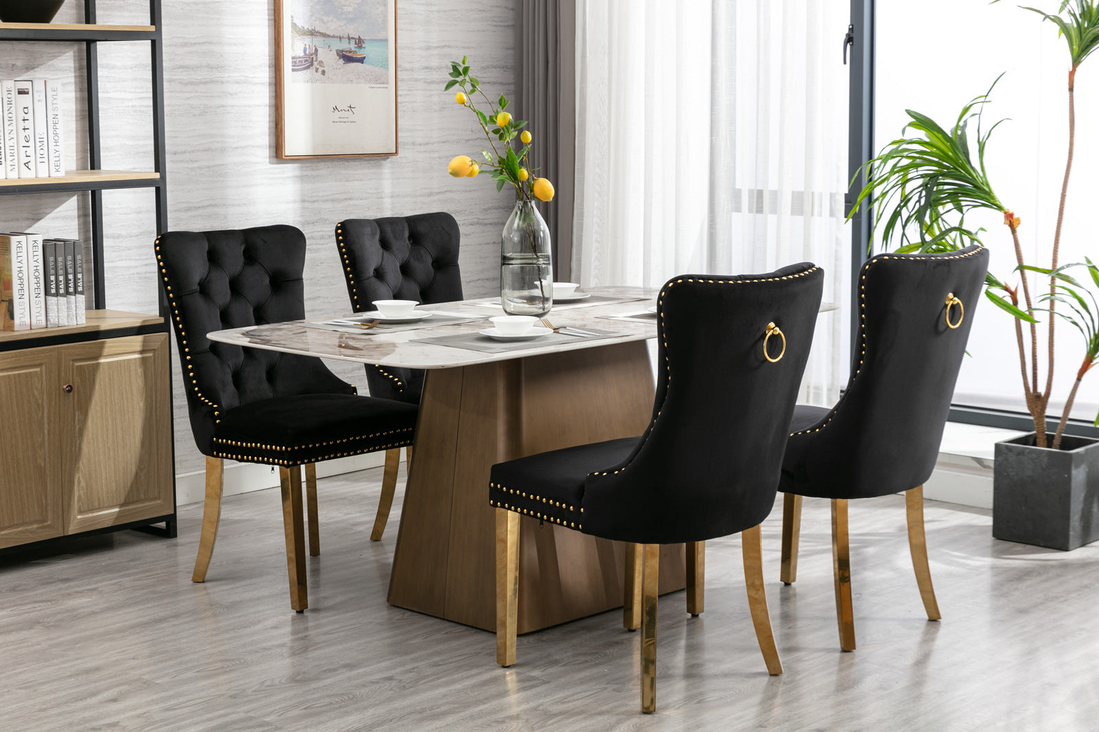 A&A Furniture,Nikki Collection Modern, High-end Tufted Solid Wood Contemporary Velvet Upholstered Dining Chair with Golden Stainless Steel Plating Legs,Nailhead Trim,Set of 2���Black and Gold, SW1601BK