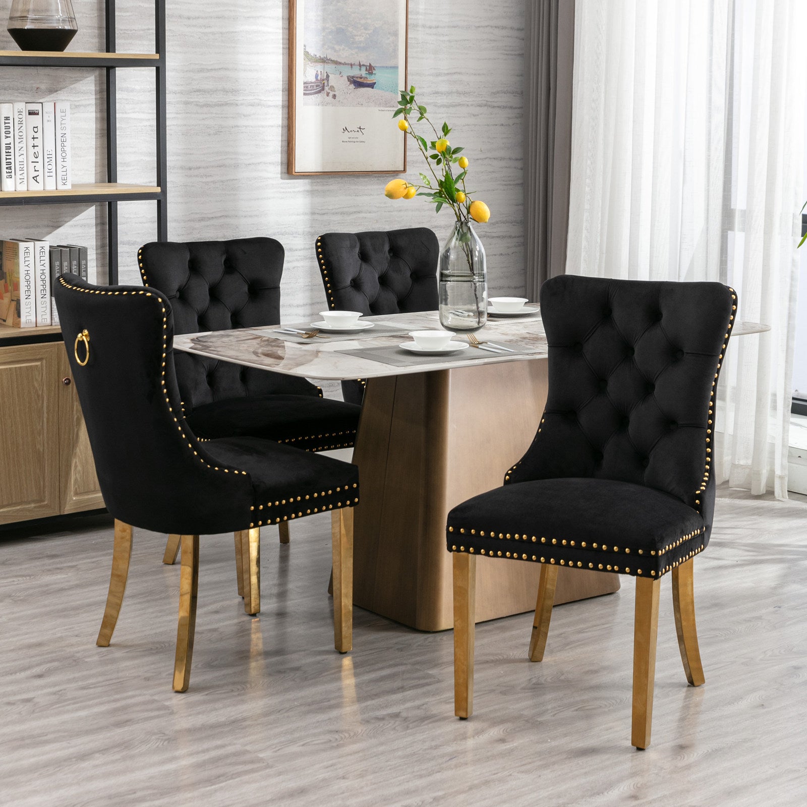 A&A Furniture,Nikki Collection Modern, High-end Tufted Solid Wood Contemporary Velvet Upholstered Dining Chair with Golden Stainless Steel Plating Legs,Nailhead Trim,Set of 2���Black and Gold, SW1601BK