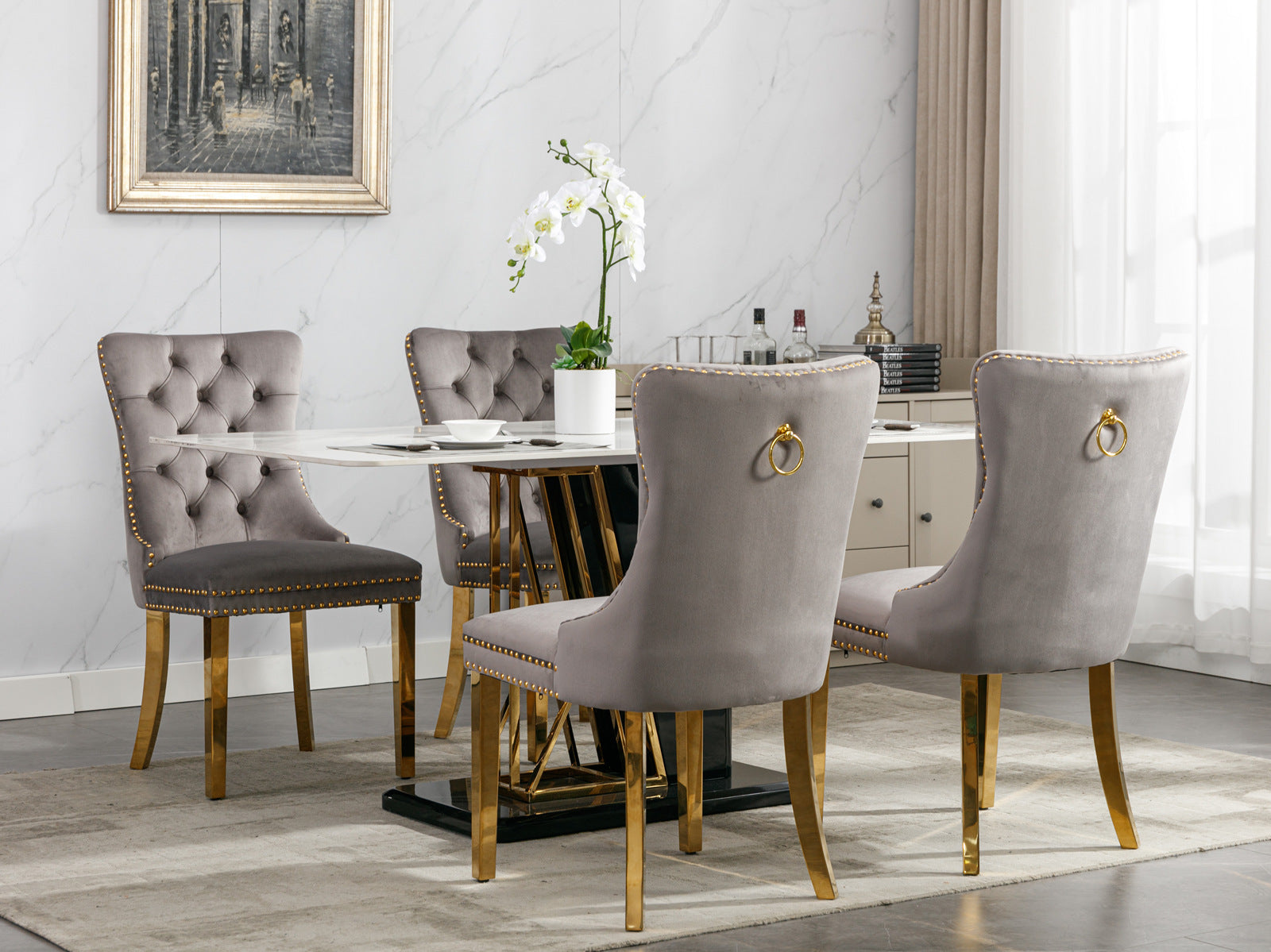 Set of 2 Gray and Gold Modern Velvet Upholstered Dining Chair