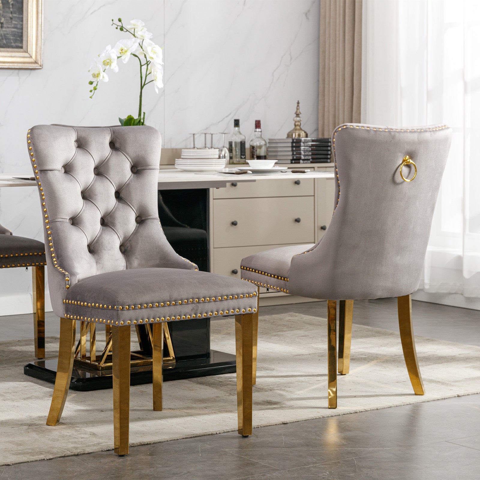Set of 2 Gray and Gold Modern Velvet Upholstered Dining Chair