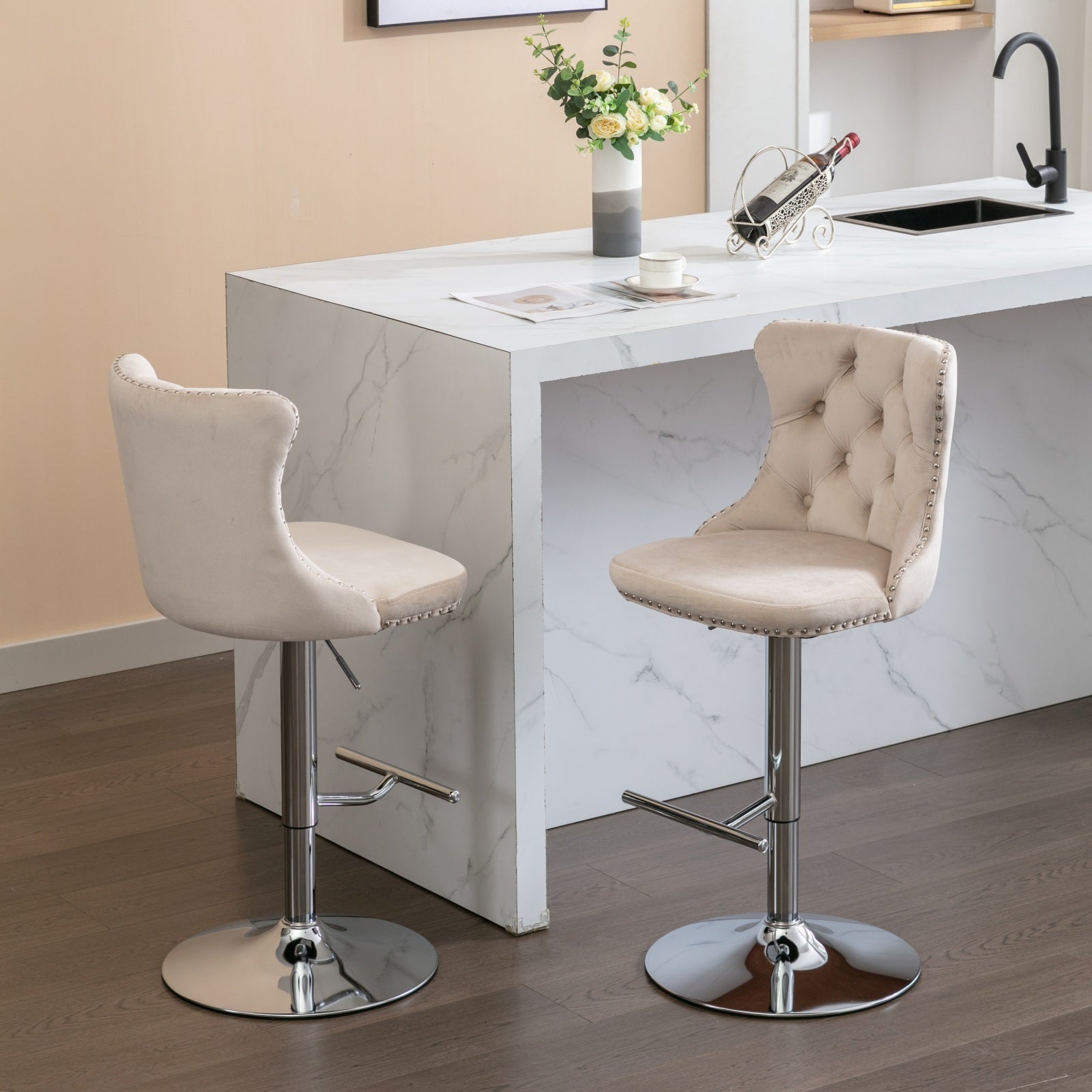 Beige Velvet Swivel Barstools Adjusatble Set of 2