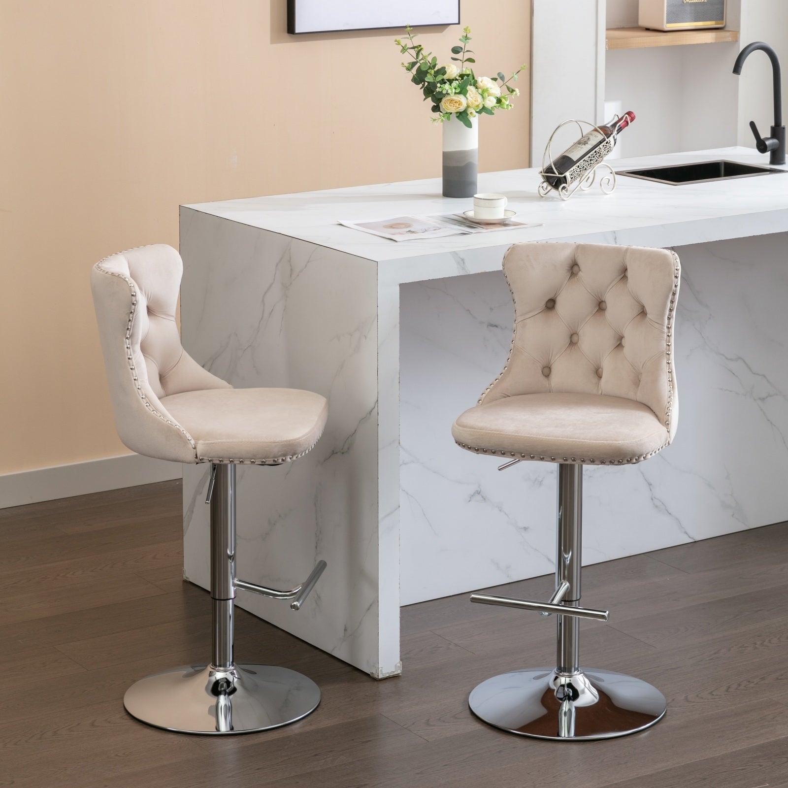 Beige Velvet Swivel Barstools Adjusatble Set of 2