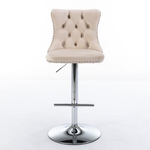 Beige Velvet Swivel Barstools Adjusatble Set of 2