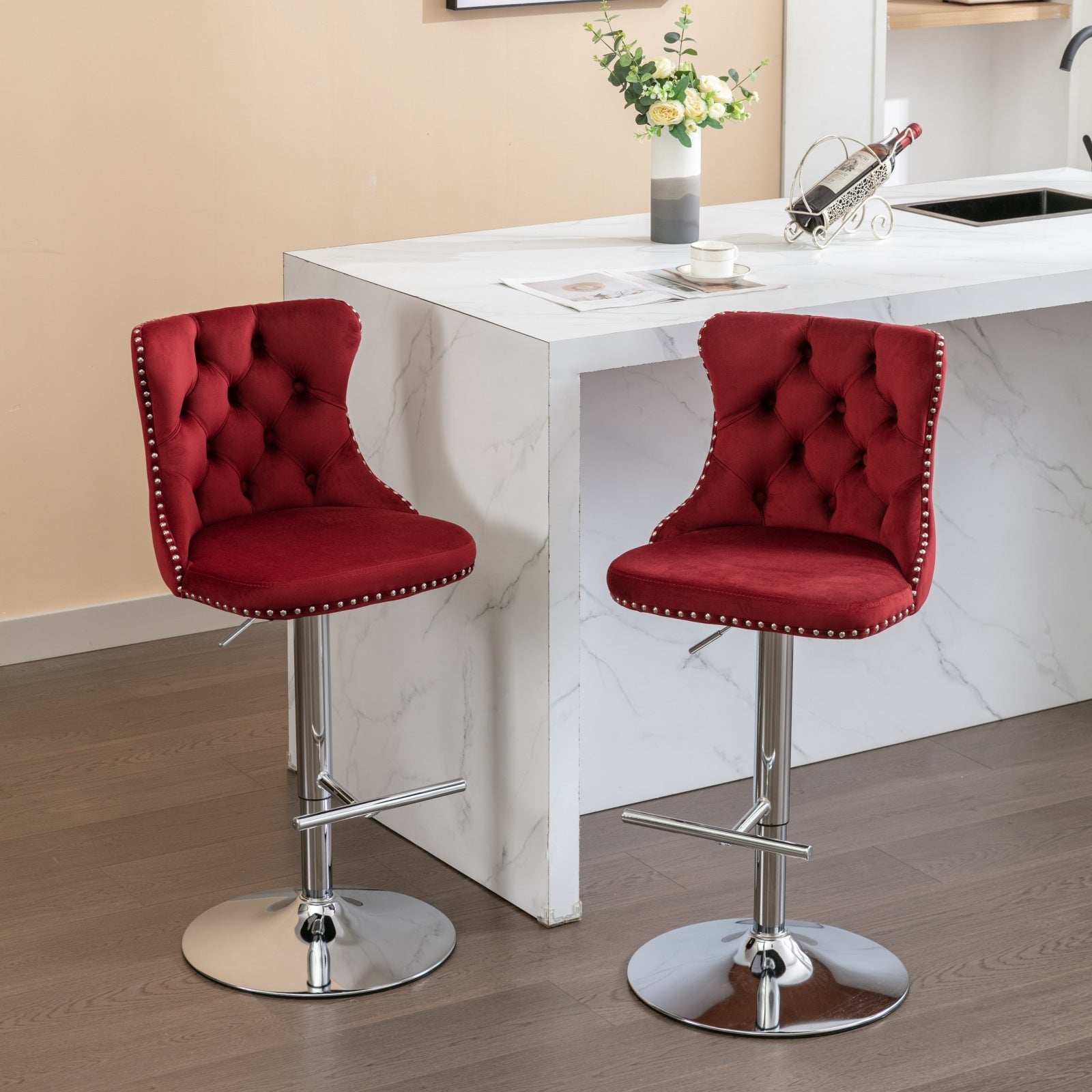 Swivel Velvet Barstools Adjusatble Burgundy Set of 2
