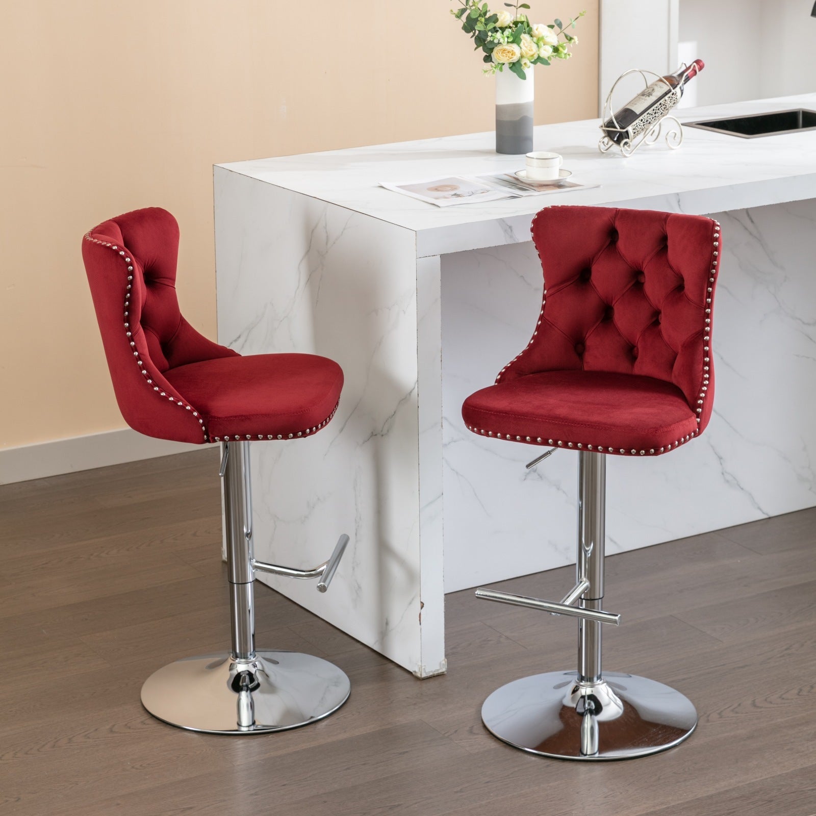 Swivel Velvet Barstools Adjusatble Burgundy Set of 2