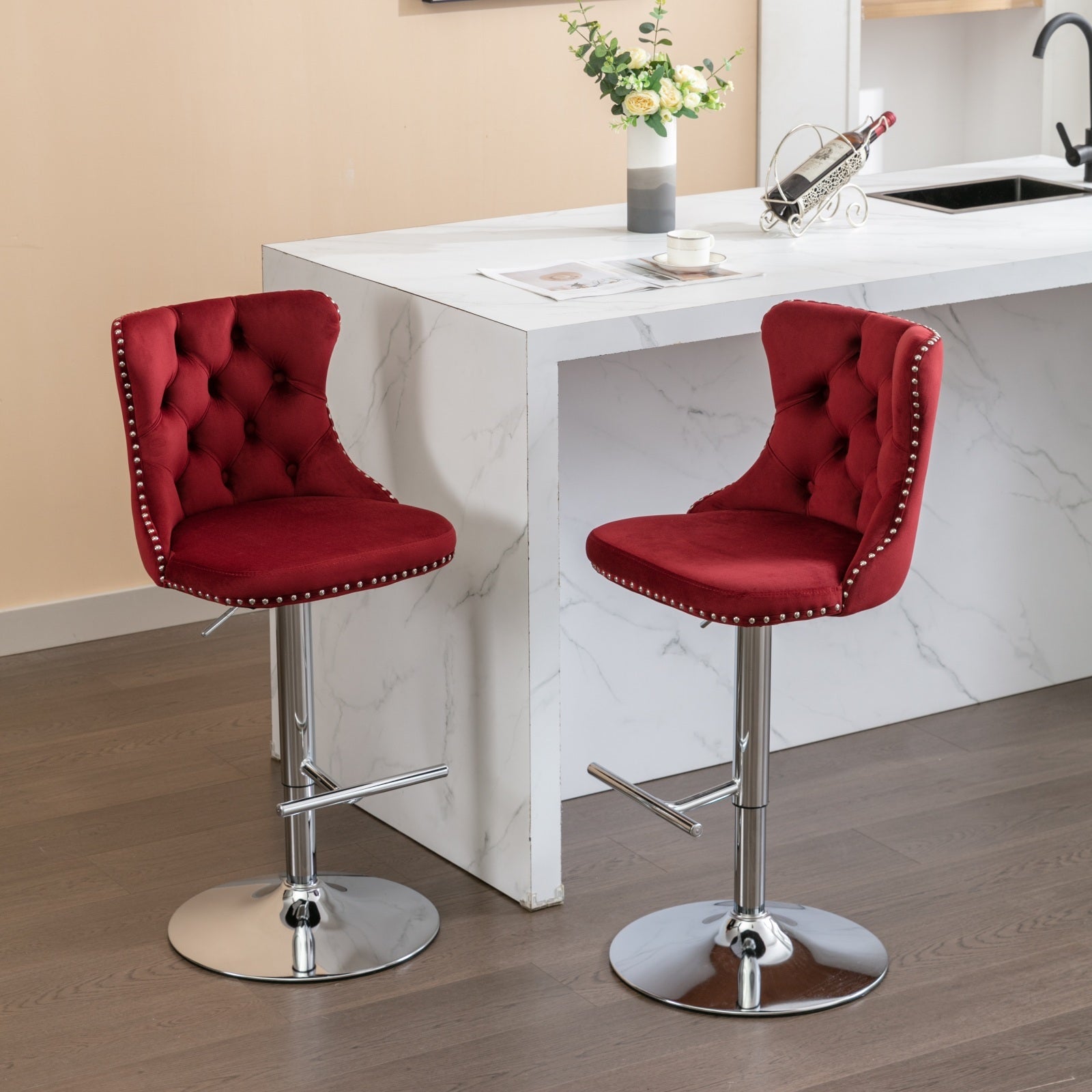 Swivel Velvet Barstools Adjusatble Burgundy Set of 2