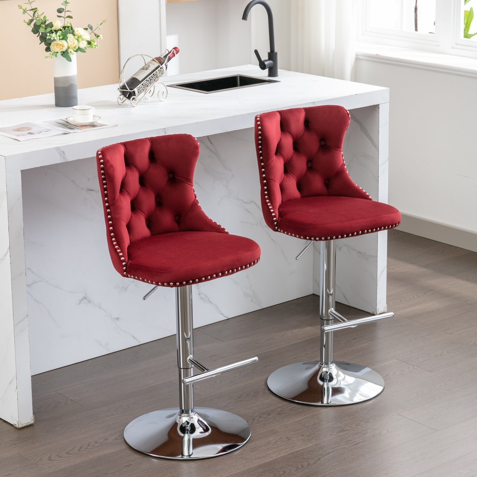 Swivel Velvet Barstools Adjusatble Burgundy Set of 2