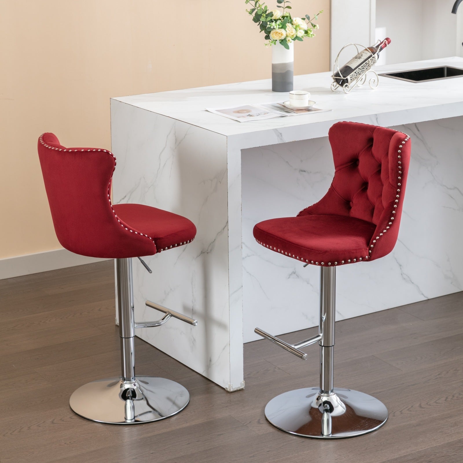 Swivel Velvet Barstools Adjusatble Burgundy Set of 2
