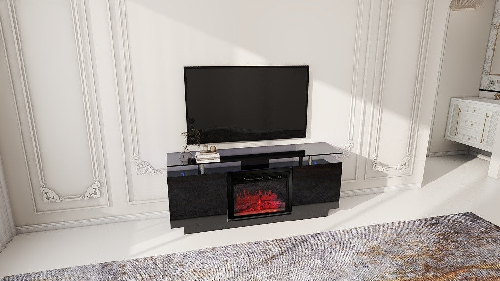 Black 160CM large TV Stand with LED fireplace