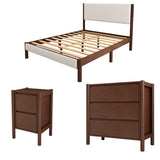 Mid Century Modern Upholestery Walnut Wood Frame Queen Platform 3 Pc Bed Sets