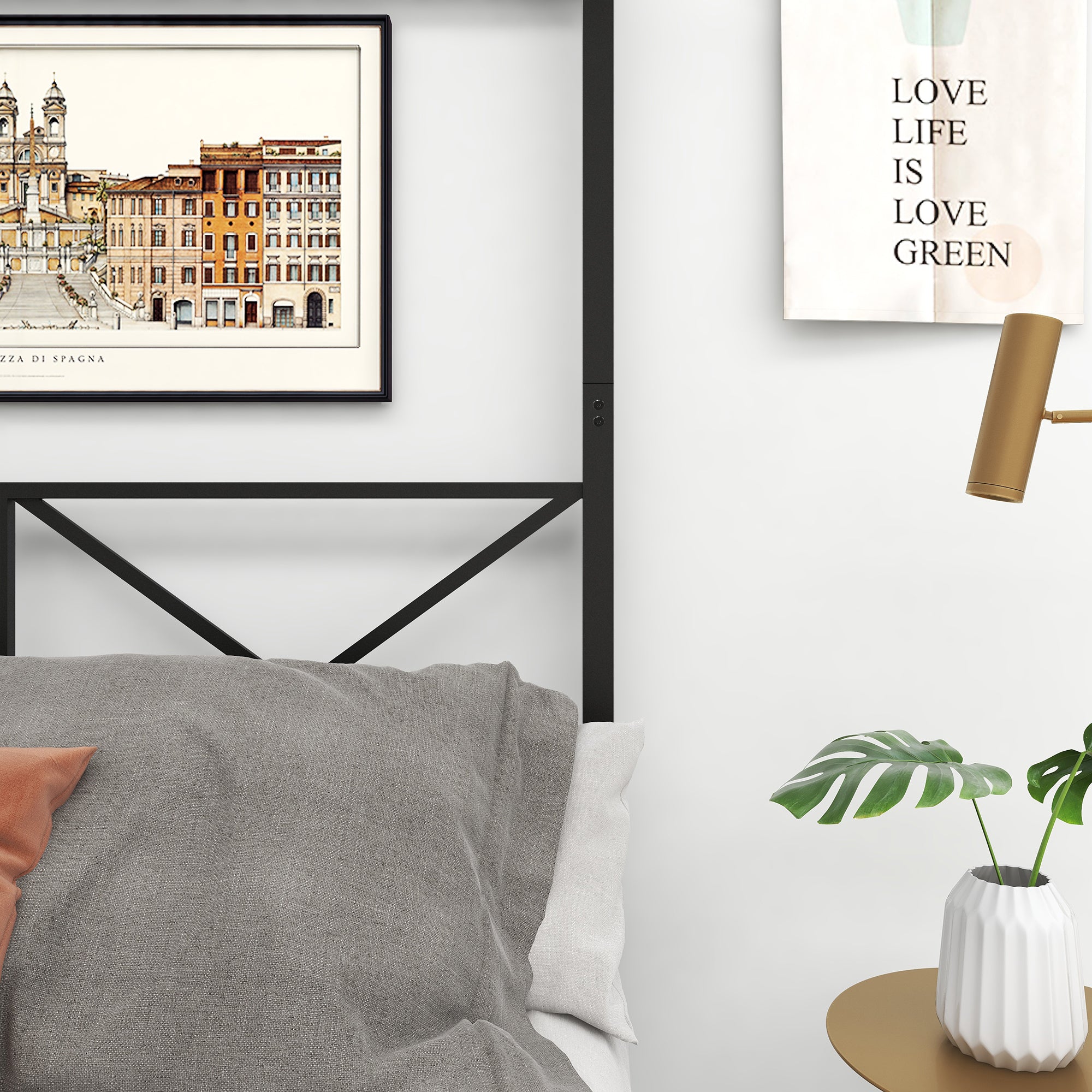 Black Metal Canopy Bedwith X Shaped Frame Queen