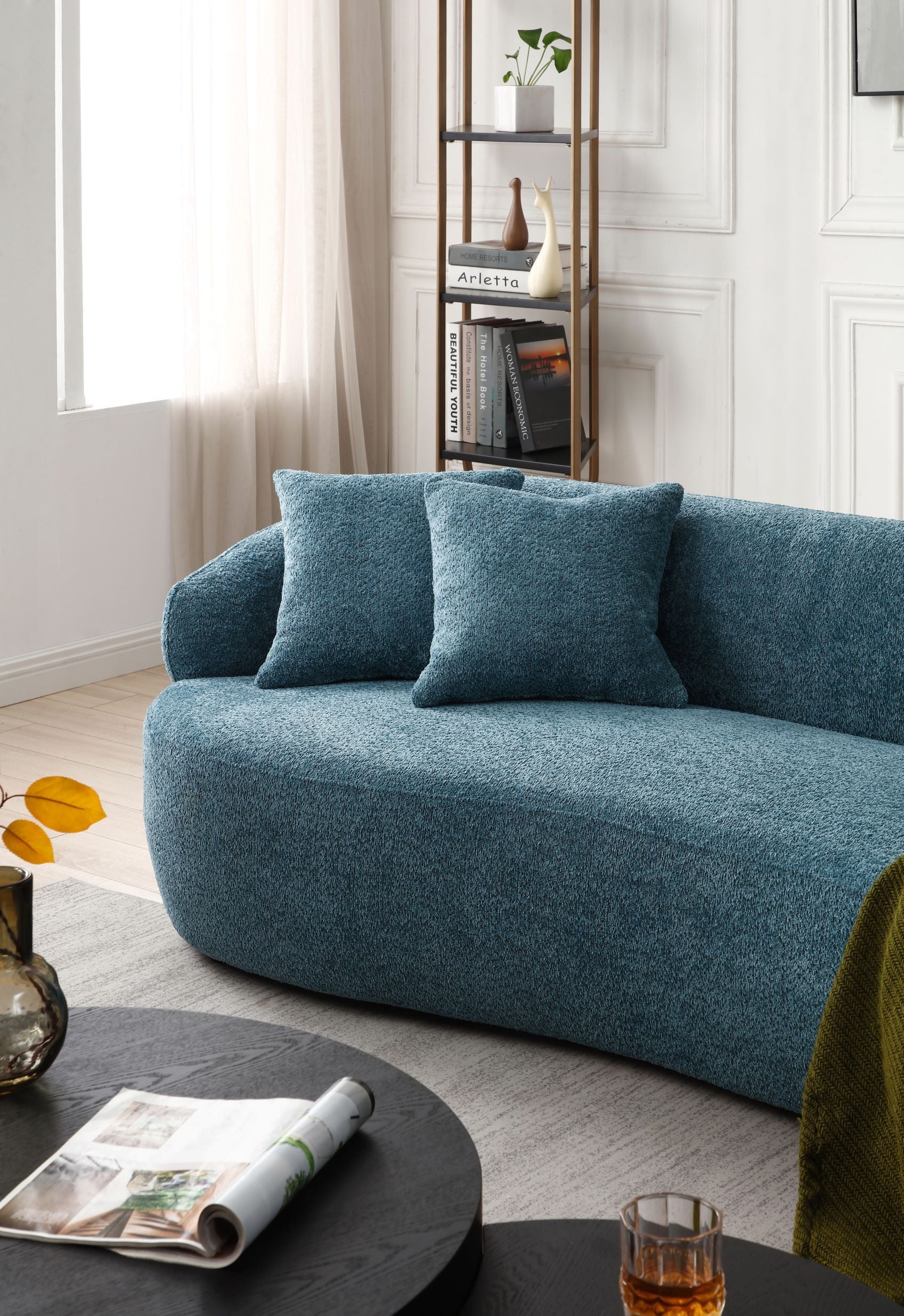 Blue Boucle sofa Mid Century Modern Curved Sofa
