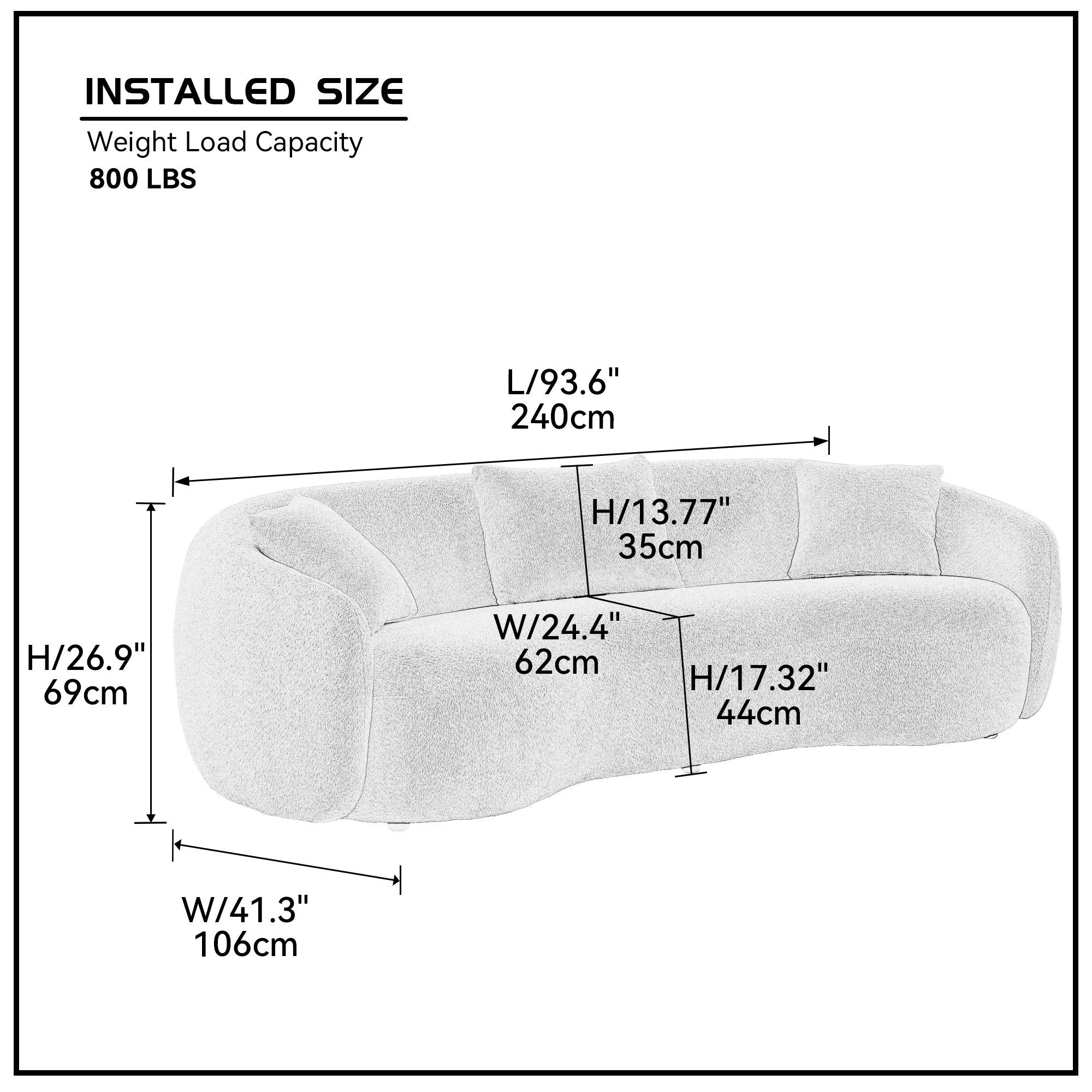 Orange Boucle Fabric Mid Century Modern Curved Sofa