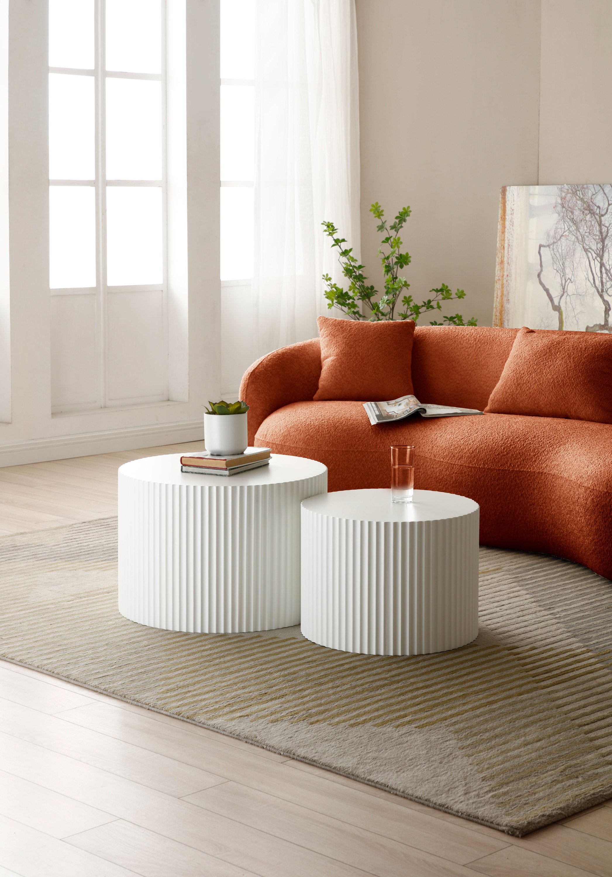 Orange Boucle Fabric Mid Century Modern Curved Sofa