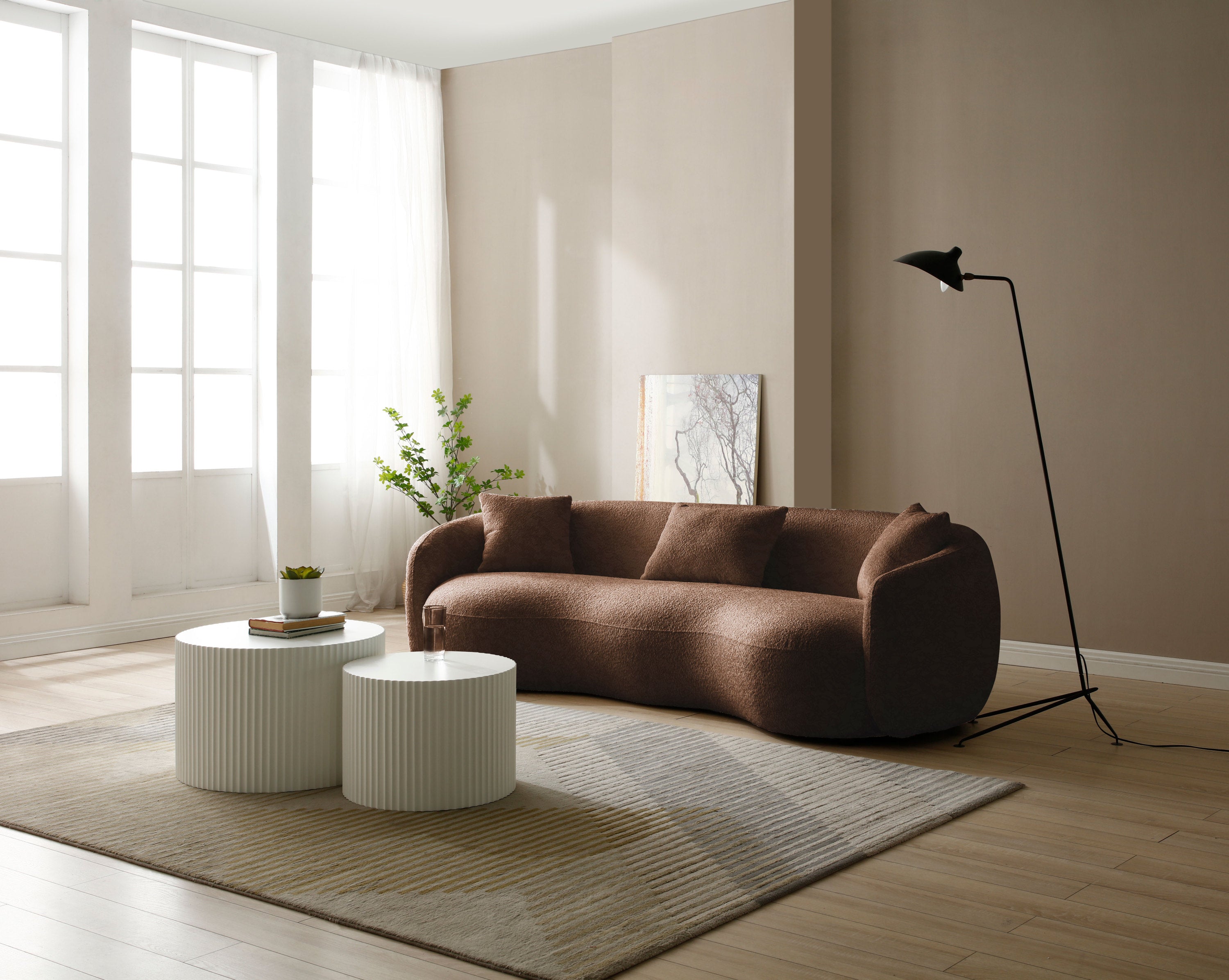 Mid Century Modern Brown Boucle Fabric Curved Living Room Sofa