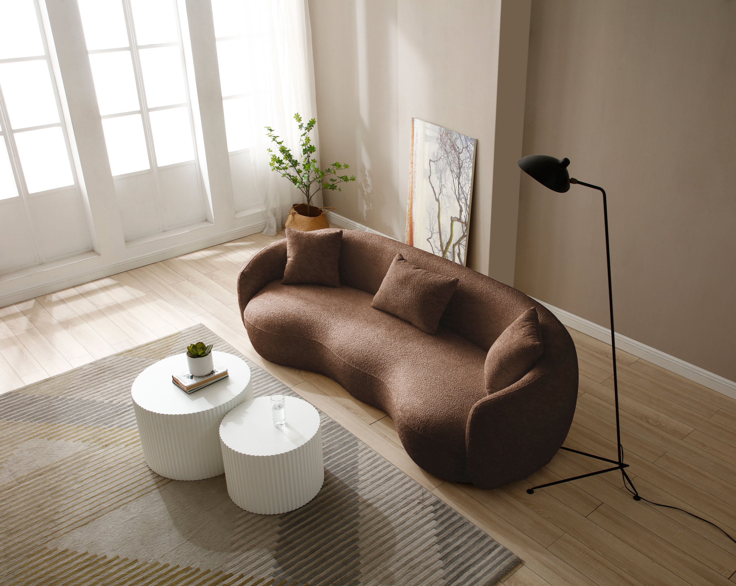 Mid Century Modern Brown Boucle Fabric Curved Living Room Sofa