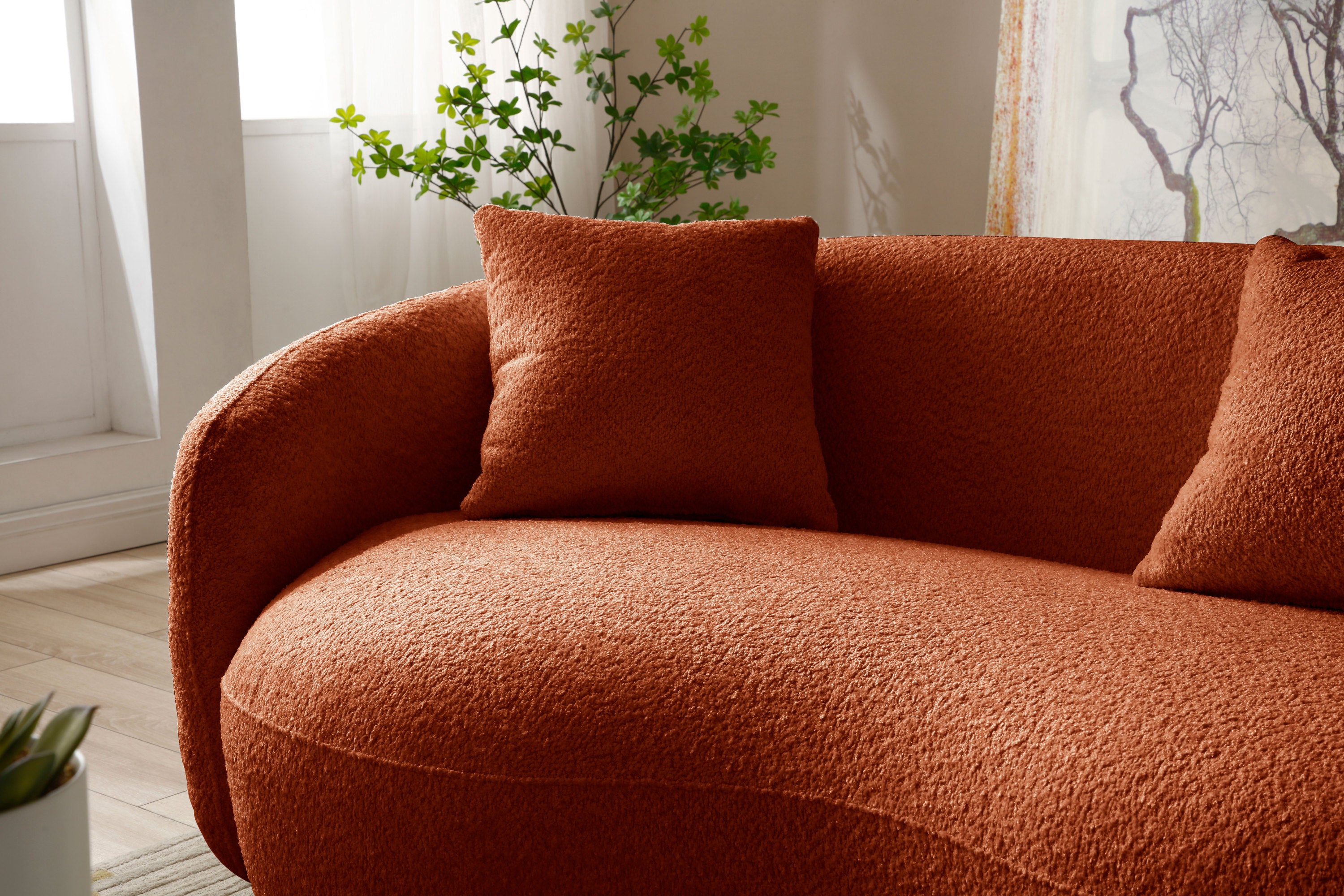 Orange Boucle Fabric Mid Century Modern Curved Sofa