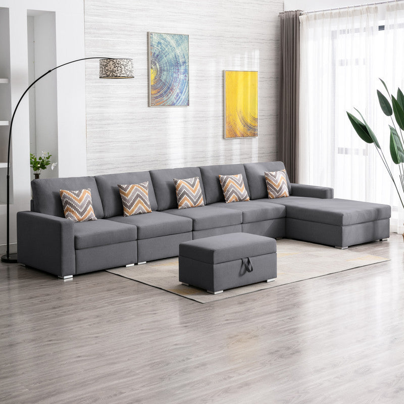 Nolan Gray Linen Fabric 6Pc Reversible Sectional Sofa Chaise with Interchangeable Legs, Pillows and Storage Ottoman