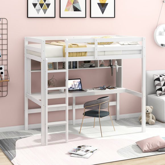 Twin Size Loft Bed with Convenient Desk, Shelves, and Ladder, White(Similar SKU:SM001302AAK)