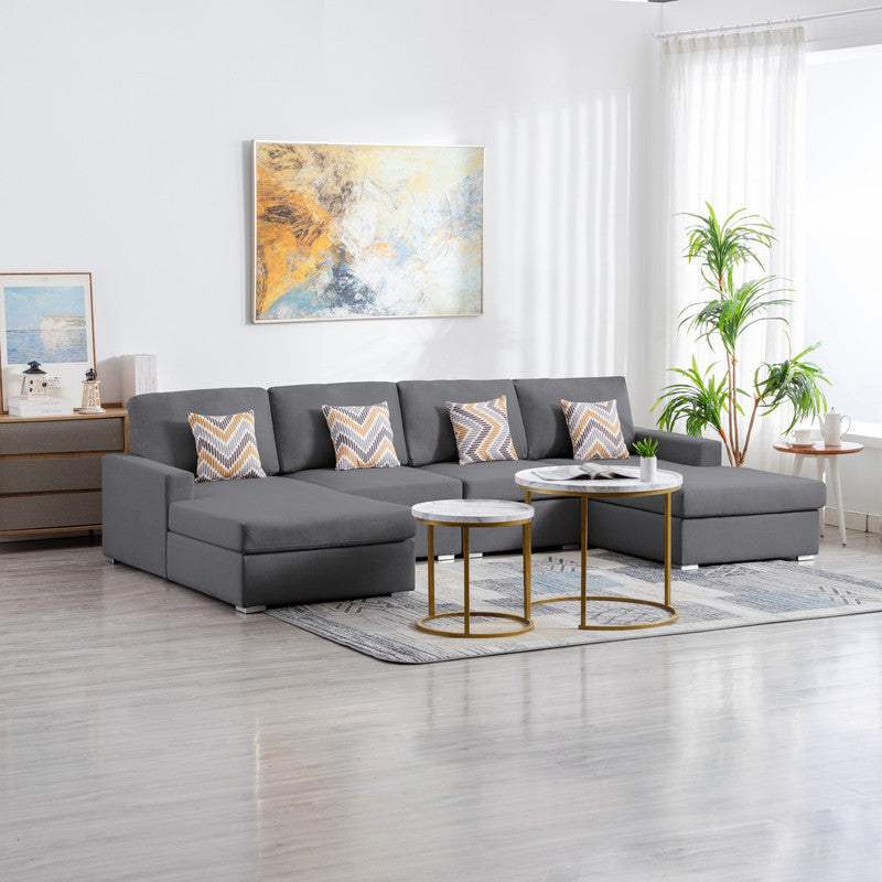 Nolan Gray Linen Fabric 4Pc Double Chaise Sectional Sofa with Pillows and Interchangeable Legs