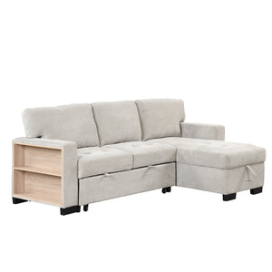 Light Gray Sectional with Storage Rack Pull-out Bed Drop Down Table  and USB Charger