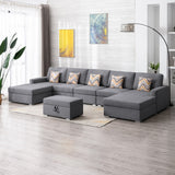 Nolan Gray Linen Fabric 6Pc Double Chaise Sectional Sofa with Interchangeable Legs, Storage Ottoman, and Pillows