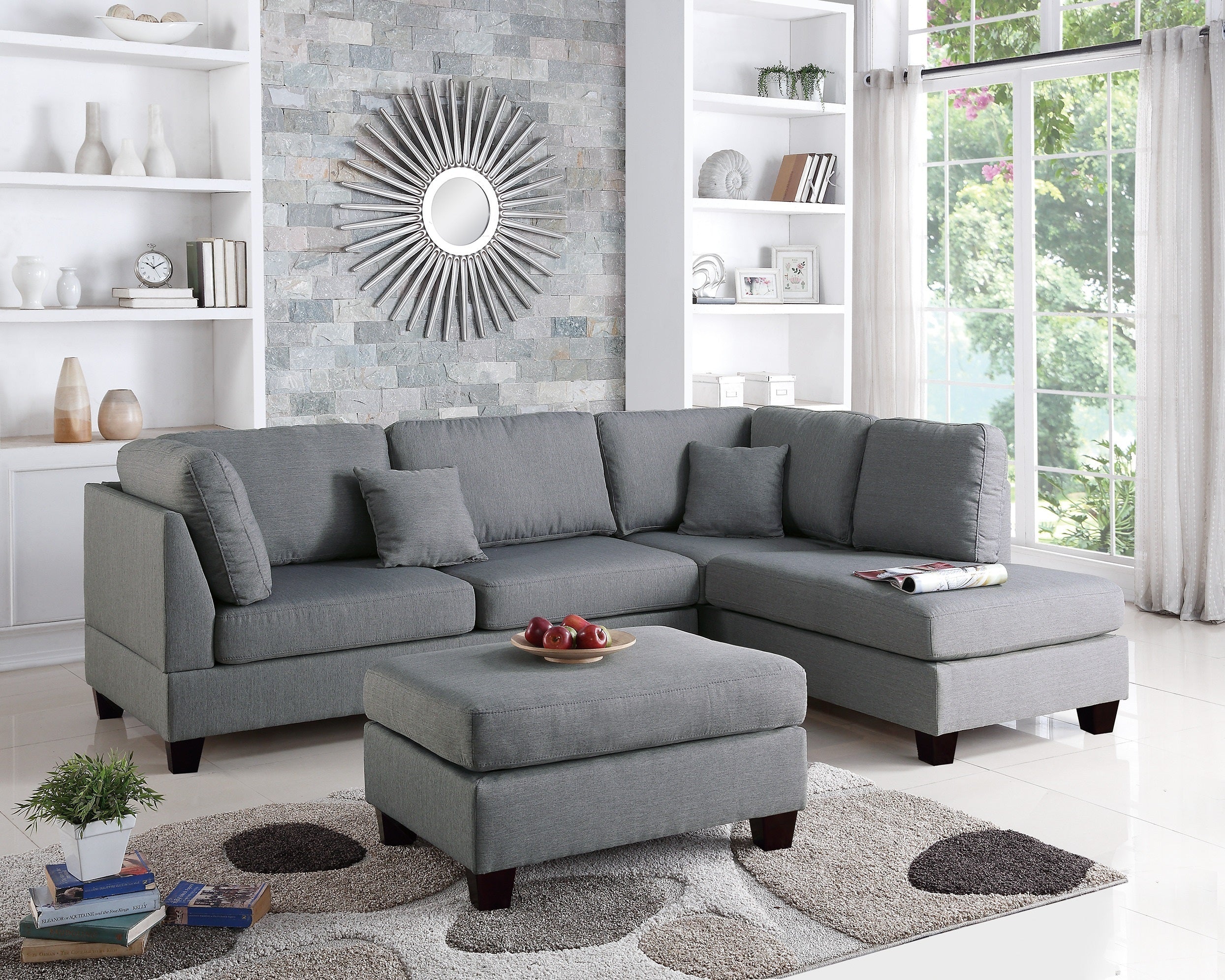Grey Linen 3pcs Reversible Chaise And Ottoman