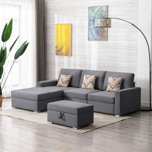 Nolan Gray Linen Fabric 4Pc Reversible Sofa Chaise with Interchangeable Legs, Storage Ottoman, and Pillows