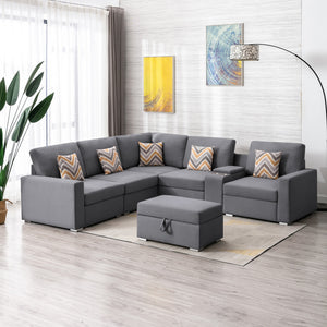 Nolan Gray Linen Fabric 7Pc Reversible Sectional Sofa with Interchangeable Legs, Pillows, Storage Ottoman, and a USB, Charging Ports, Cupholders, Storage Console Table