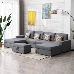 Nolan Gray Linen Fabric 5Pc Double Chaise Sectional Sofa with Interchangeable Legs, Storage Ottoman, and Pillows