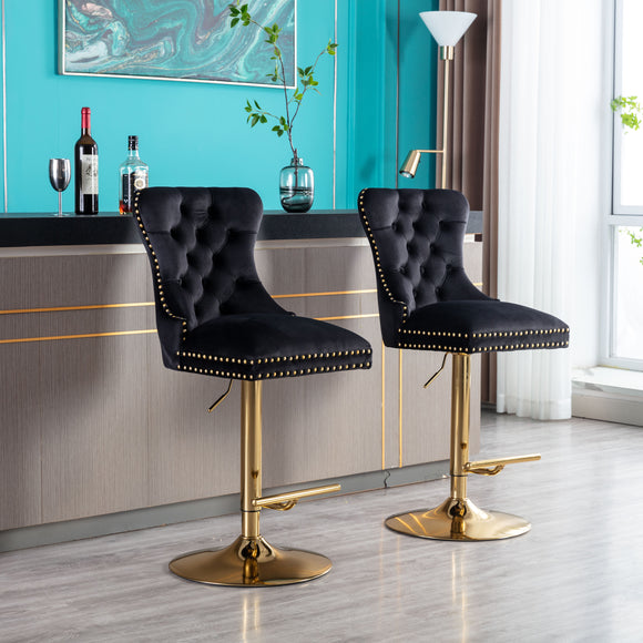Swivel Bar Stools Chair Set of 2 Modern Adjustable Counter Height Bar Stools, Velvet Upholstered Stool with Tufted High Back & Ring Pull for Kitchen , Chrome Golden Base, Black