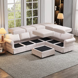 108.6" Beige Fabric Upholstered Modular Sofa with removable Ottoman