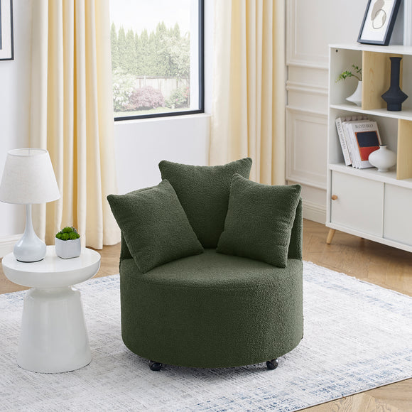 Teddy Fabric Swivel Accent Backchair Upholstered Luxury Lounge Chair for Living Room Bedroom, with Movable Wheels, Including 3 Pillows,Green