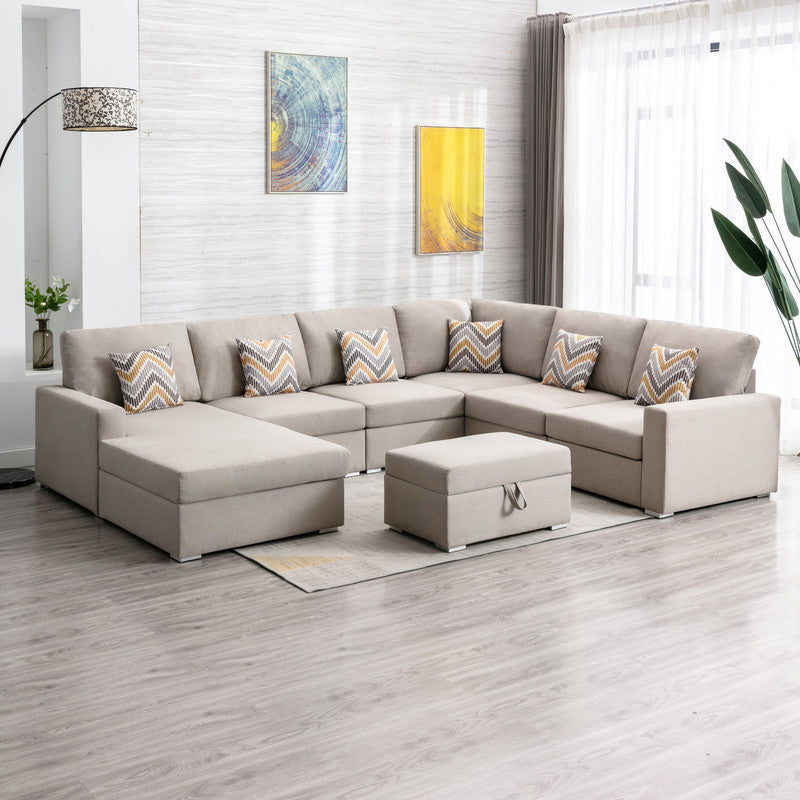 Nolan Beige Linen Fabric 7Pc Reversible Chaise Sectional Sofa with Interchangeable Legs, Pillows and Storage Ottoman
