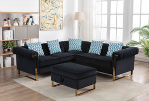 Maddie Black Velvet 5-Seater Sectional Sofa with Storage Ottoman