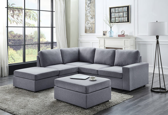 Marta Light Gray Linen 6 Seat Reversible Modular Sectional Sofa with Ottoman