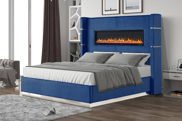 Lizelle Upholstery Wooden Queen Bed with Ambient lighting in Blue Velvet Finish